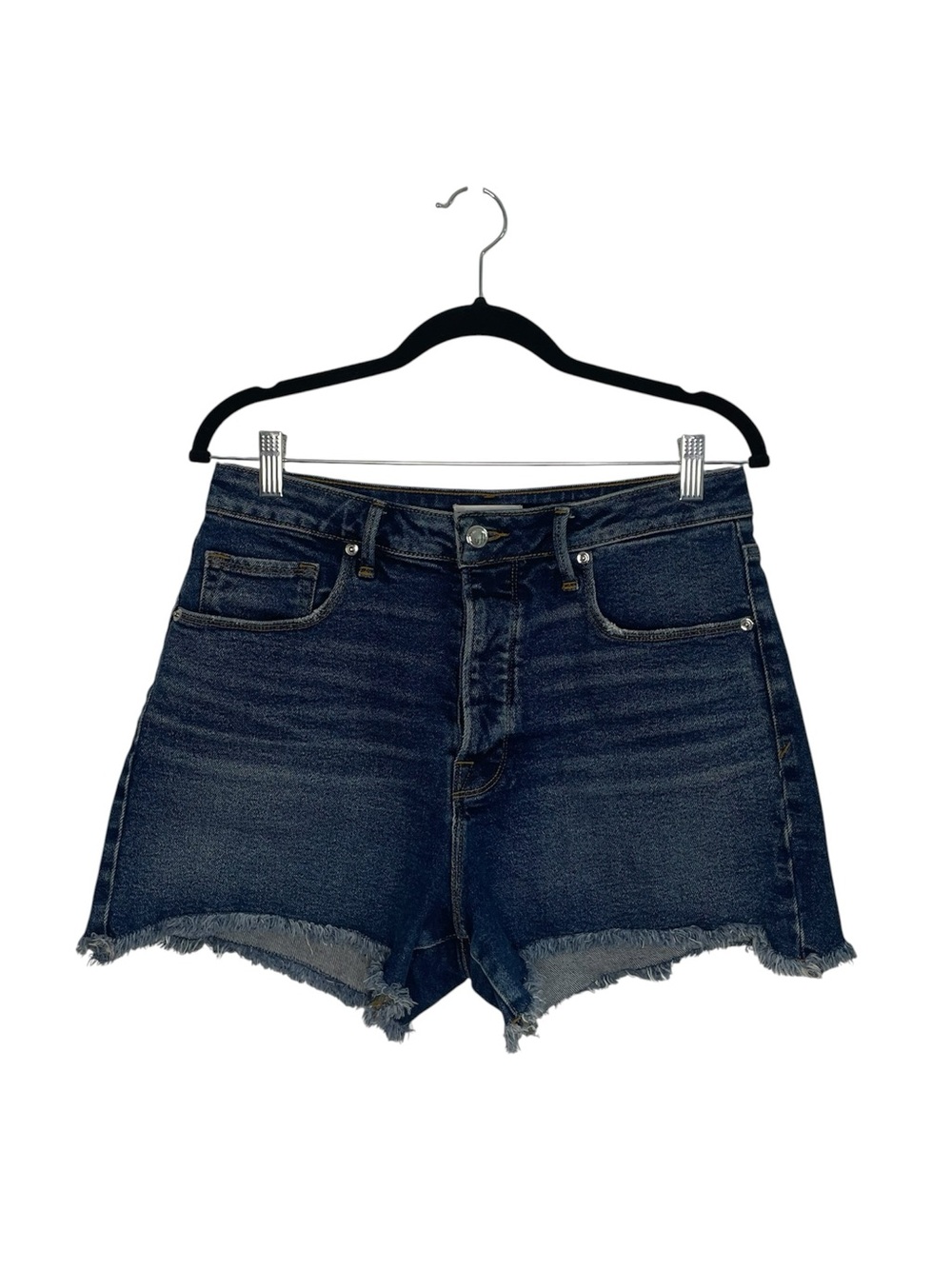 Good American Dark Wash High Waisted Button Fly Distressed Jean Shorts Size 30